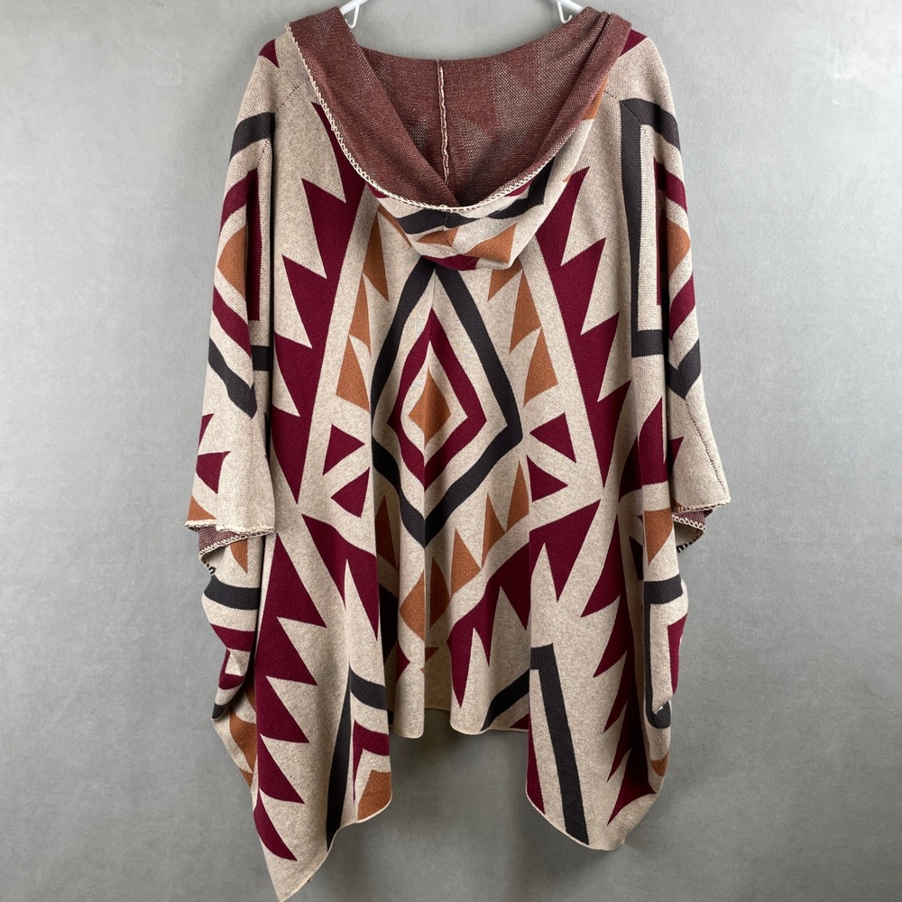 Billabong Womens Southwestern Geometric Hooded Poncho Wrap Sweater Burgundy L - Picture 2 of 9